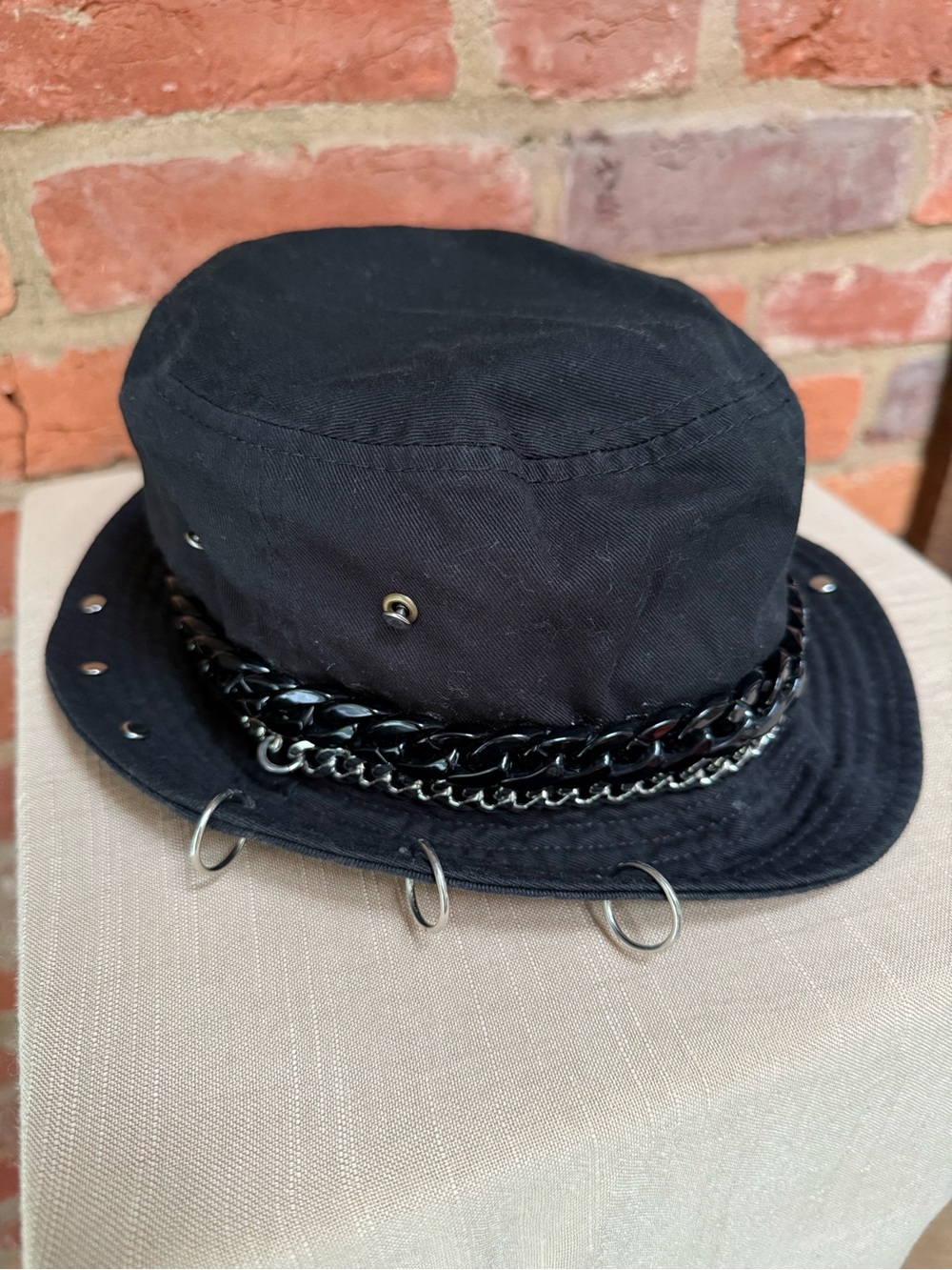 Black Punk Grunge Bucket Hat with Chains and Piercing Rings
